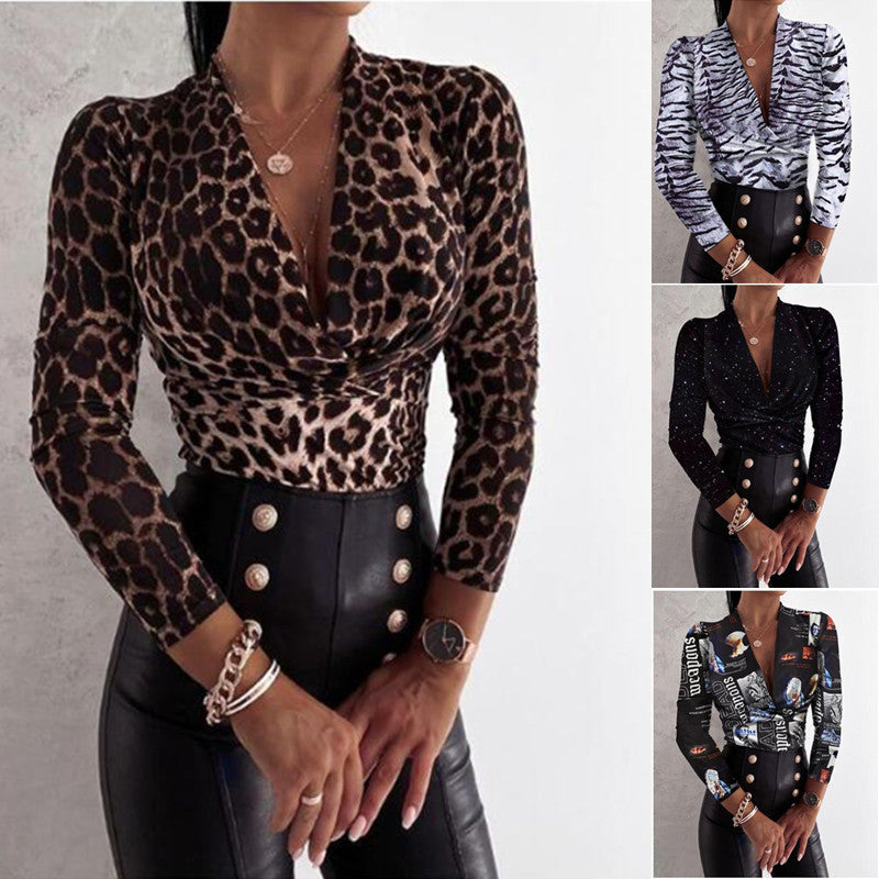 Sexy Long Sleeve V-neck Leopard Print Ladies Blouse