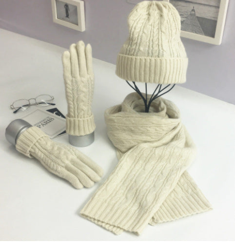 Solid Color Twist Warm Hat Scarf Glove Set