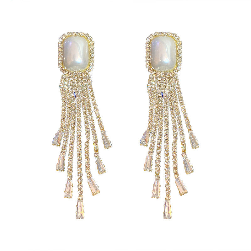 Exaggerated Pearl Full Diamond Long Tassel Earring