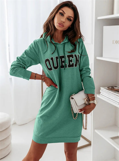 Long Sleeve Hooded Letter Sports Casual Dress