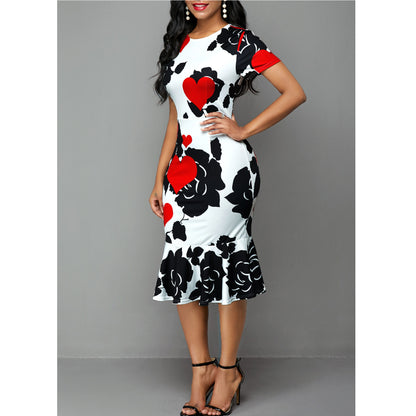 Round Neck Short Sleeve Printed Slim Ruffle Dress