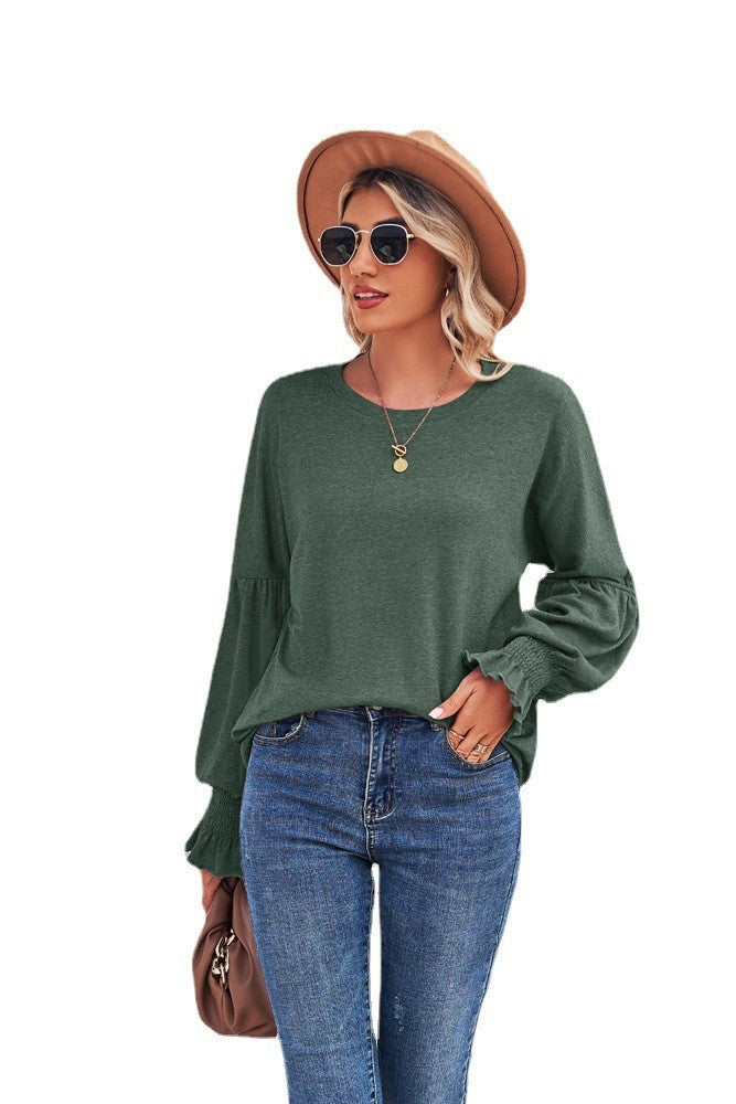 Autumn And Winter New Round Neck Pleated Lantern Sleeve T-shirt