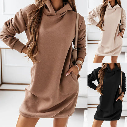 Hooded Long-sleeved Solid Color Dress