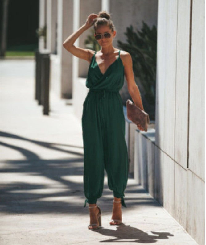 sexy backless tether pocket sling V-neck jumpsuit