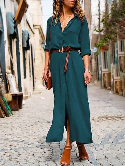 Solid Color Long Sleeve Split Long Skirt