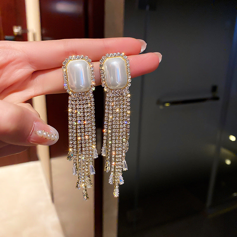 Exaggerated Pearl Full Diamond Long Tassel Earring