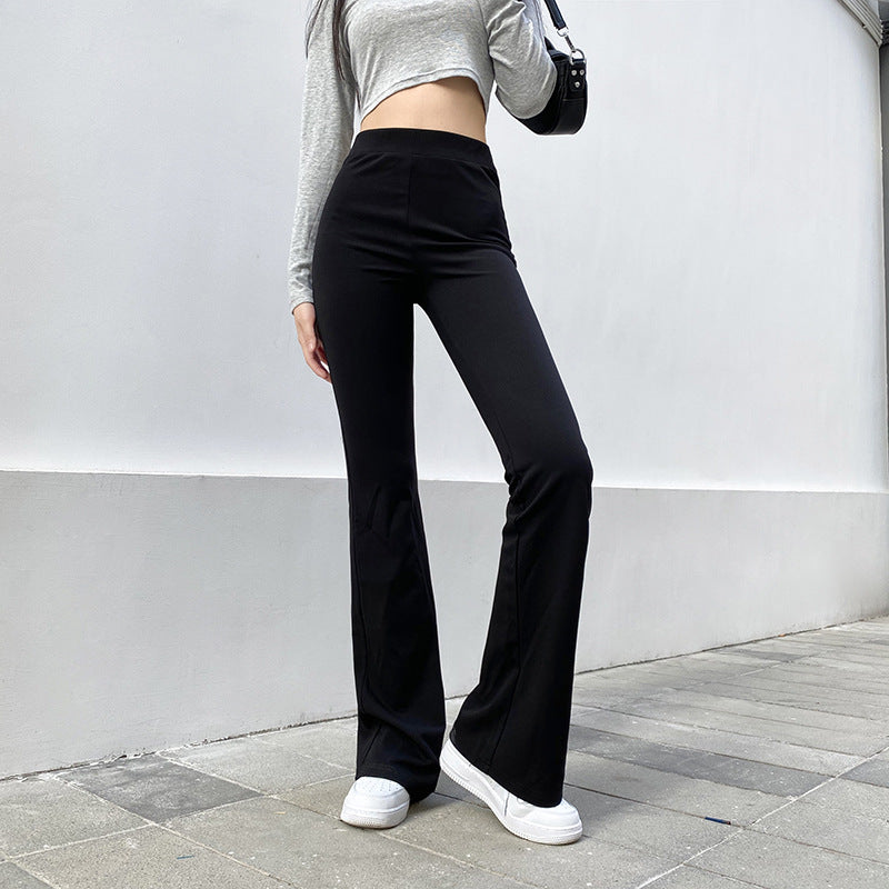 Basic Solid Color High Waist Slim Micro Flared Casual Pants