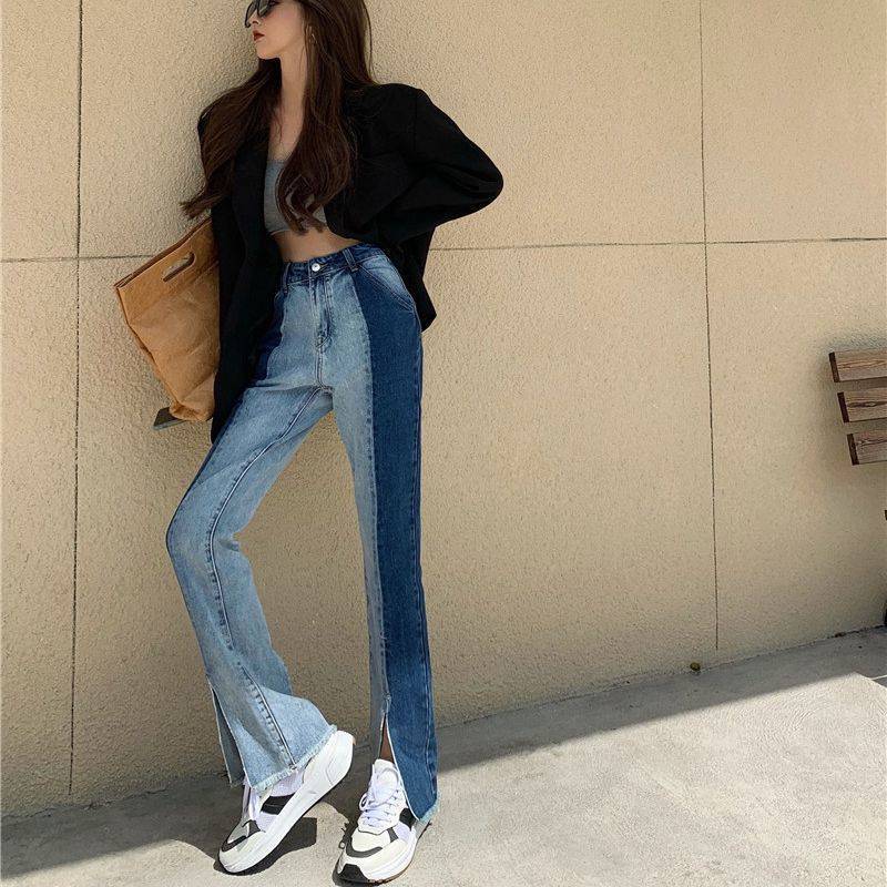 Loose And Thin High-waist Stitching Split Straight-leg Jeans