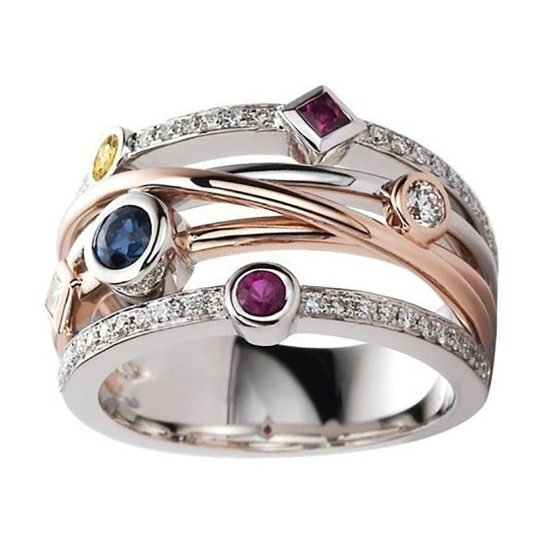 Hip-hop Style Jewelry, Fashionable Geometric Line Inlaid Multi-color Zircon Ring