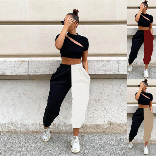 High Waist Contrast Color Splicing Casual Pants