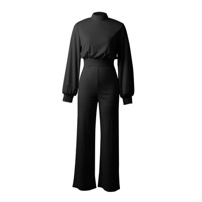 Sexy Wide Leg Pants Solid Color High Neck Halter Long Sleeve Casual Jumpsuit