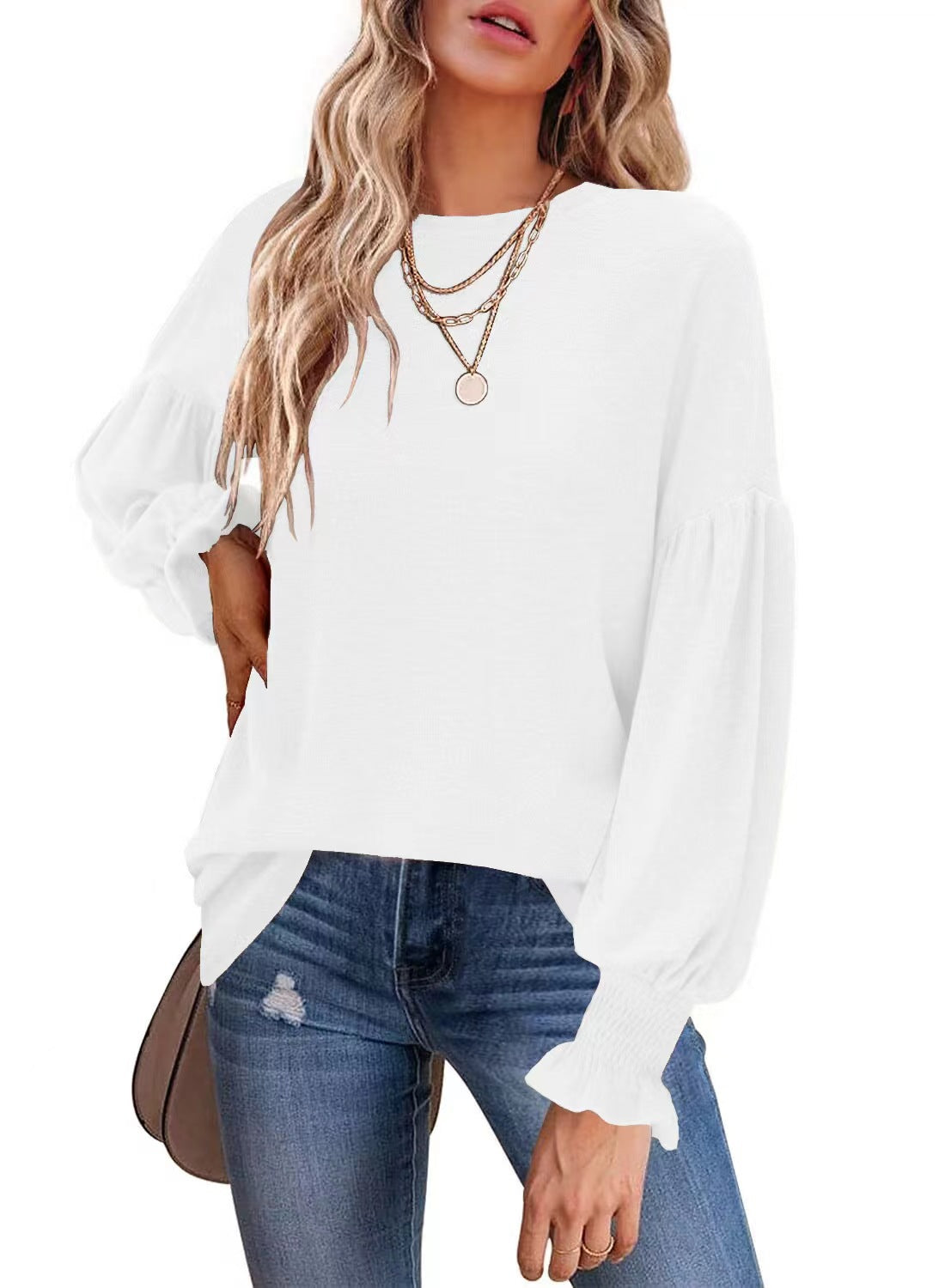 Autumn And Winter New Round Neck Pleated Lantern Sleeve T-shirt