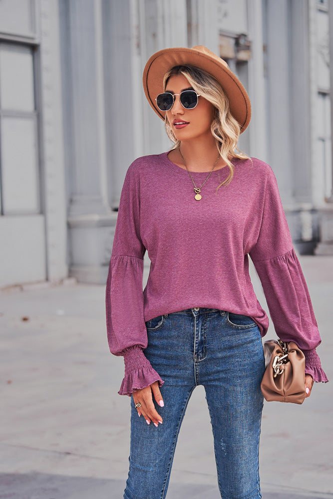 Autumn And Winter New Round Neck Pleated Lantern Sleeve T-shirt