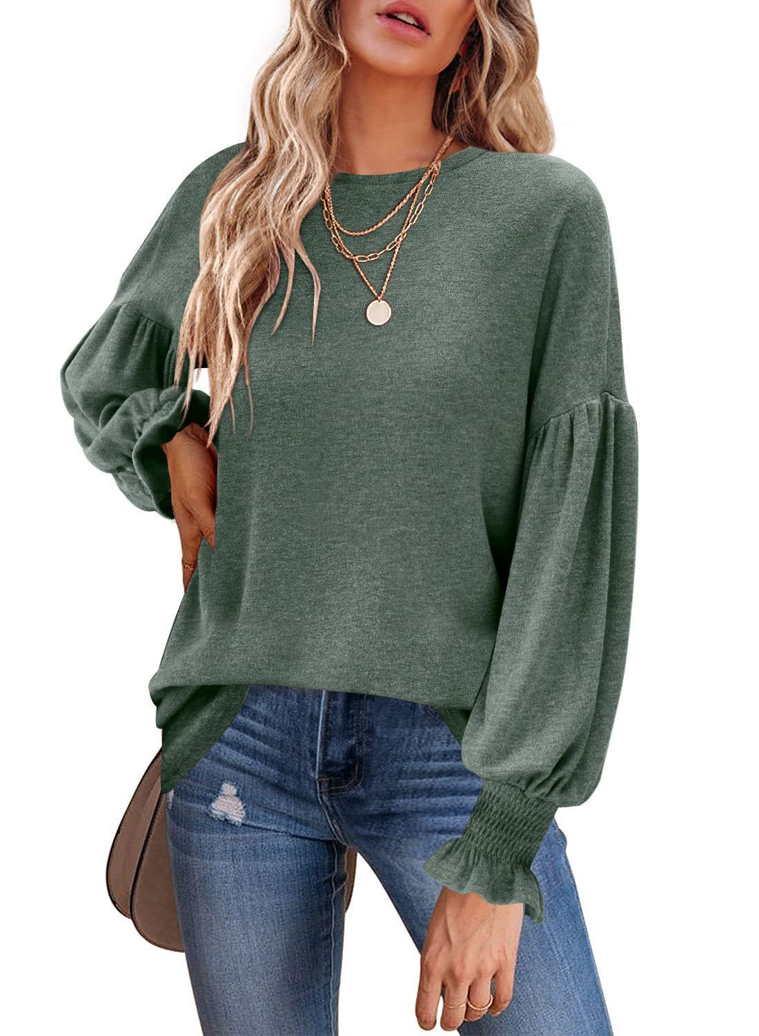 Autumn And Winter New Round Neck Pleated Lantern Sleeve T-shirt