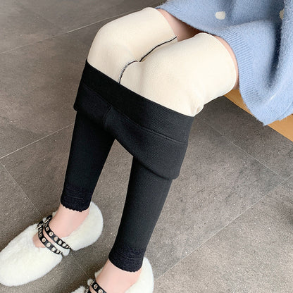 High-waisted Threaded Slim-fitting Thickened Warm Leggings