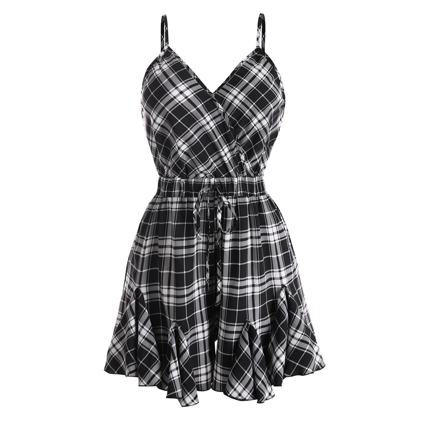 Plaid Slim Suspender Stitching Jumpsuit