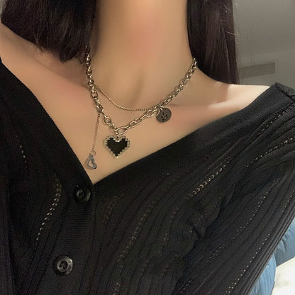 Titanium Steel Love Heart Clavicle Chain Double Layered Wear