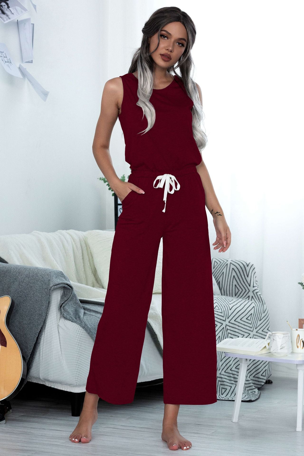 Solid Color Sleeveless Pocket Lace-Up Wide-Leg Jumpsuit