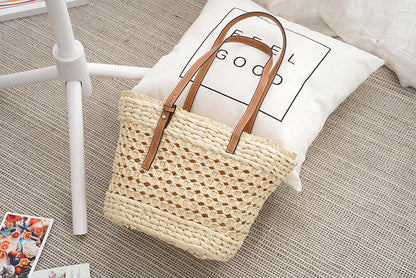 Large Capacity White Khaki Straw Braided Bag