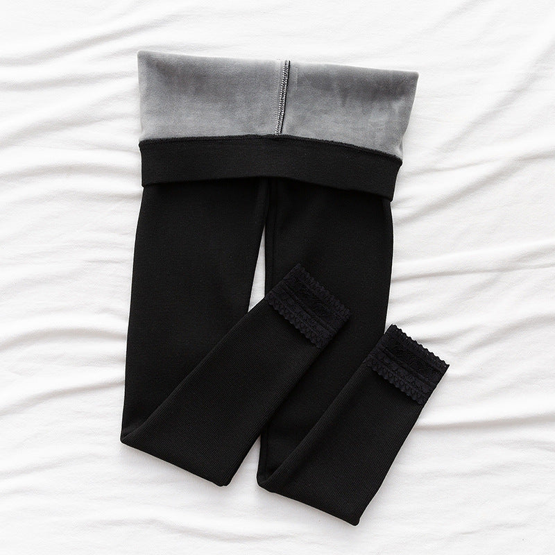 High-waisted Threaded Slim-fitting Thickened Warm Leggings