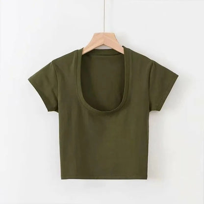 Summer Solid Color Slim-fit Sexy Short Sleeve U-neck T-shirt